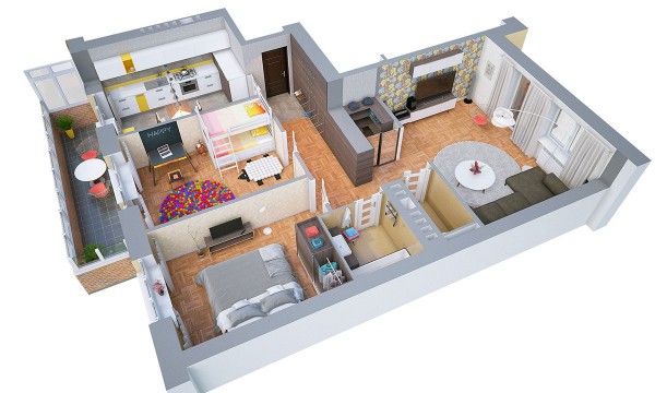 The colors included in this layout really give you the sense of it being lived in and loved. Bunkbeds mean that the two bedroom can easily be a home for a growing family.