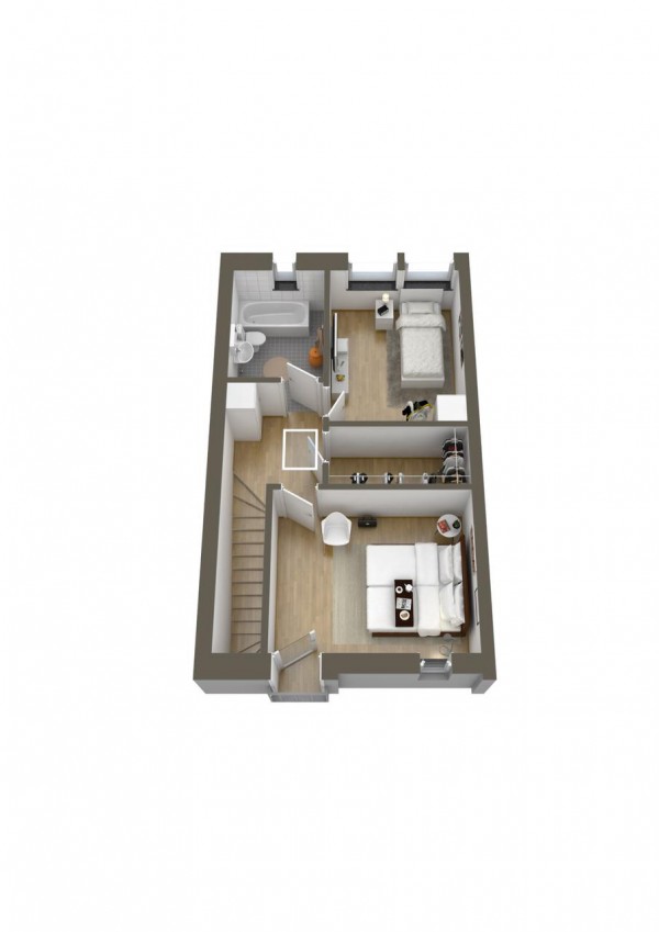 This two story layout puts the bedrooms and bath upstairs for maximum privacy.